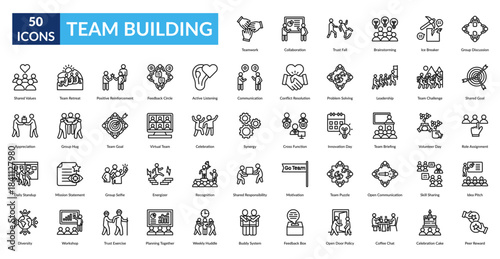 Team Building Line Icon Set. Team Challenge, Leadership, Problem Solving, Conflict Resolution, Communication, Active Listening, Feedback Circle