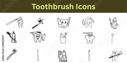 Toothbrush Outline Icons: Vector Set of Dental Care, Oral Hygiene, Toothpaste, and Happy Teeth Symbols