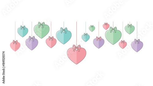 Hanging Hearts: Delicate, pastel-colored hearts, adorned with graceful bows, float in a row, symbolizing love, care, and the warmth of affection.