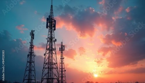 Three cell towers stand tall against colorful sunset sky. Communication masts broadcast signals for mobile phones, internet services. Essential infrastructure for modern tech. Scene shows telecom