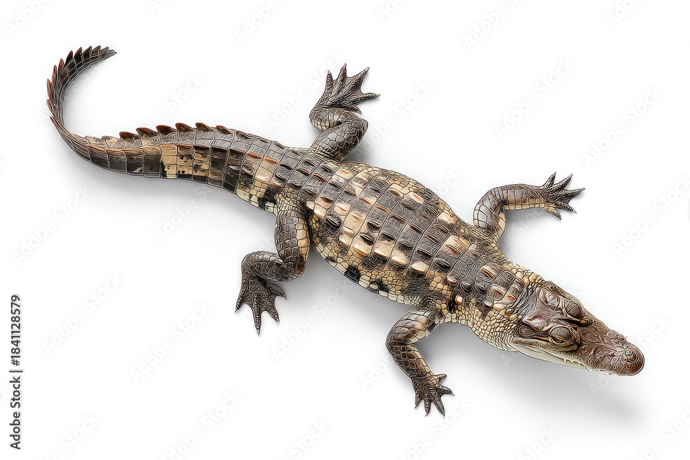 Fototapeta premium Close-up View of a Crocodile Lying Still with Tail Forming a Gentle Curve on a Standard Scale Background