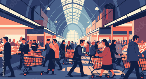 Numerous individuals with shopping carts fill a spacious, well-lit market hall, creating a dynamic depiction of everyday retail activity.