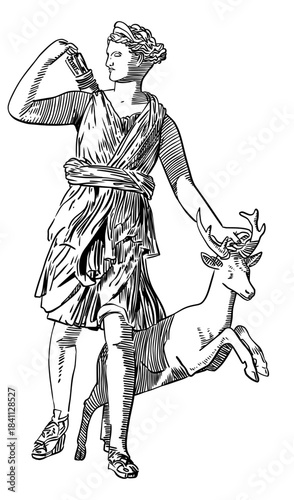 Black line drawing or engraving of the Greek goddess Artemis (Diana) standing beside a deer.