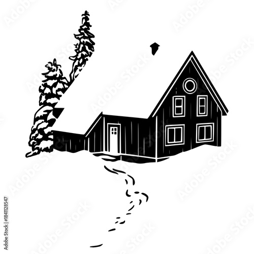 Minimalist black line art of a wooden cabin or house covered in deep winter snow.
