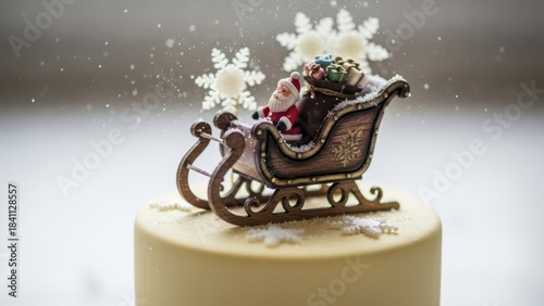 Magical ivory Christmas cake topped with detailed Santa sleigh overflowing with gifts and delicate snowflakes falling, enchanting winter wonderland dessert for joyful holiday gatherings celebration.