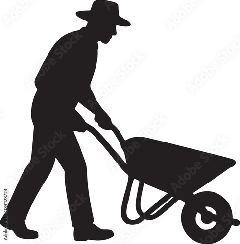 Worker silhouette pushing a garden wheelbarrow for construction or landscaping tasks