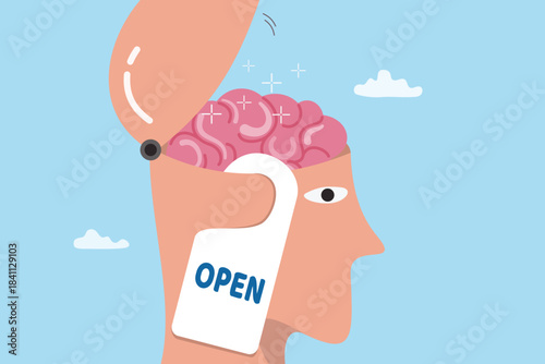 Open minded to learning or study new knowledge, enlightenment wisdom, imagination or inspiration thinking, positive cognition, discovery, leadership human head open minded for knowledge into brain.