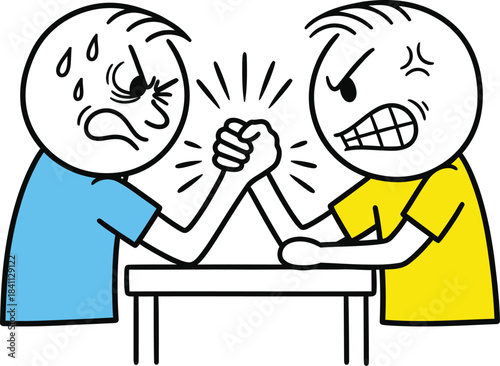 Two stick figures intensely engaged in an arm wrestling match demonstrating competition and physical strength