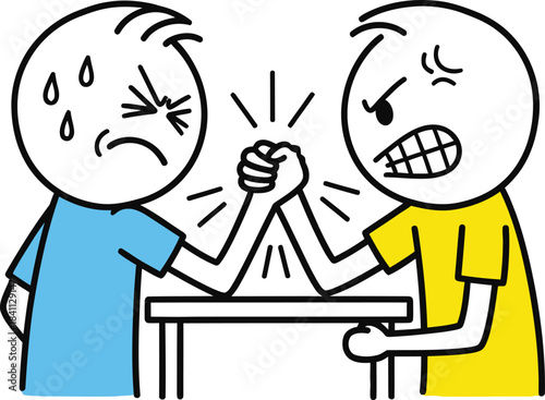 Two stick figures intensely compete in an arm wrestling match at a wooden table demonstrating strength and rivalry