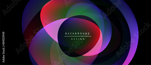 Abstract colorful layers create dynamic circular design. Text reads background design centered within shape. Dark background enhances vibrancy.