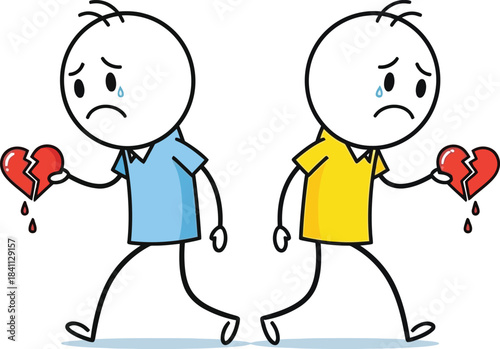 Sad stick figures walking away from each other holding broken hearts illustrating heartbreak and separation