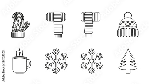 Winter season elements line icons set includes warm clothes like mitten scarf hat hot drink snowflake and evergreen pine tree symbols outline design vector illustration