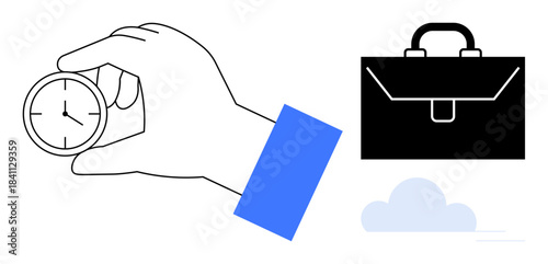 Time management, work-life balance, career success, task prioritization, organization, efficiency. Hand holding clock near briefcase and cloud. Time management and work-life balance concept