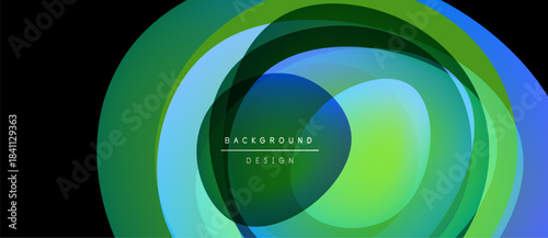 Abstract layered design. Circular shapes blend green, blue hues. Center displays text background, design. Modern aesthetic.