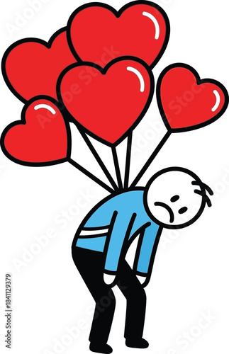 A sad person carries a bunch of heart shaped balloons depicting the weight of love and heartbreak