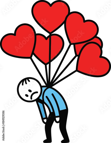 A whimsical illustration of a person weighed down by a cluster of red heart shaped balloons depicting sadness