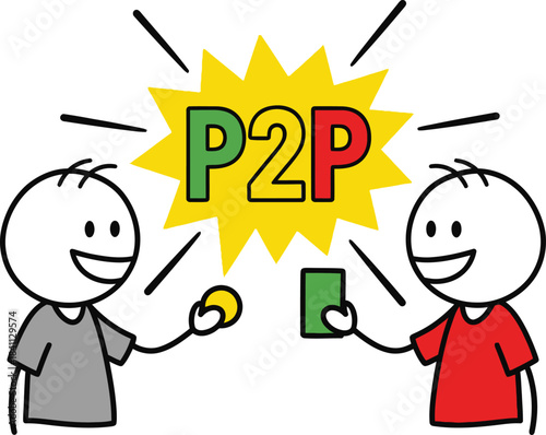 Two stick figures exchanging money with a burst of light representing a peer to peer transaction