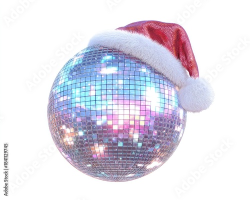 Shiny Disco Ball with Santa Hat Isolated on Transparent Background for Holiday and Party Themes