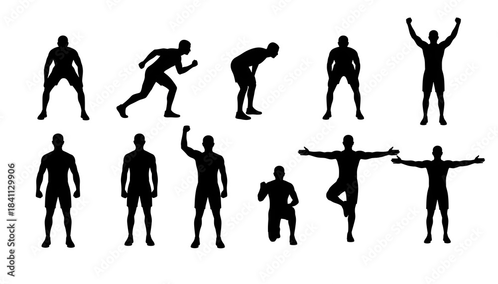 Obraz premium Collection of male fitness silhouettes showing various dynamic workout poses and exercises for sports and health concepts