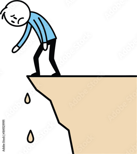 A lonely man is depicted leaning over the edge of a cliff contemplating a difficult decision or feeling hopeless