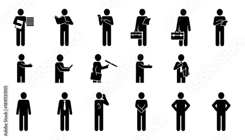 Collection of business people stick figures icons representing various professional activities and poses