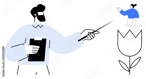 Business education, teamwork, growth, creativity, presentation, collaboration. Man holding a clipboard points at a tulip and another figure. Business education and teamwork concept