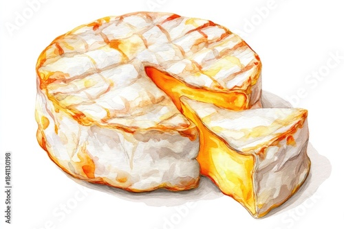 Whimsical Watercolor Illustration of Whole Camembert Cheese with Slice Removed in Standard Scale