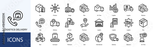Logistics Delivery icon collection set. Containing Box, Product, Cargo, On Time, Logistic, Receive, Call, Delivery icon