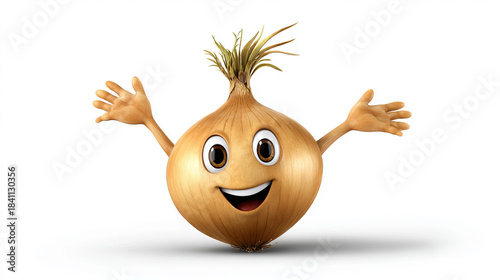 Potato onion with a cheerful face 3d character, transparent background