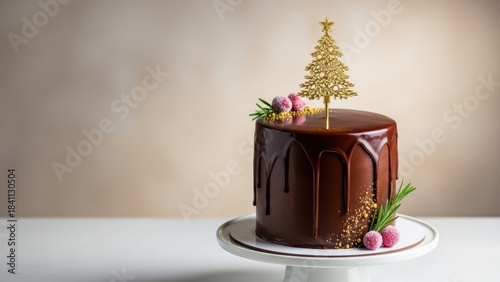 Tall chocolate drip Christmas cake with shimmering golden tree topper, sugared berries and rosemary sprigs, rich festive dessert styling perfect for cozy winter holiday dinners and elegant celebration