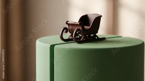 Modern matte green Christmas cake with sleek dark chocolate sleigh topper and subtle groove detail, minimalist yet festive holiday dessert perfect for contemporary winter gatherings and stylish.