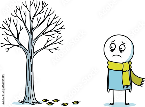 Lonely stick figure stands near a bare tree in a minimalist black and white illustration evoking sadness and isolation