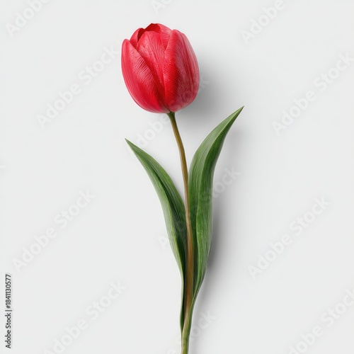 Realistic Single Red Tulip with Long Green Stem on Standard Scale Display