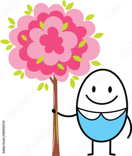 Charming cartoon illustration of a happy character holding a vibrant blossoming tree with pink flowers and green leaves