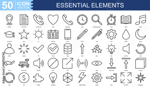 Essential Elements icon collection set. Containing Location, Document, phone call, Heart, Telephone, clock icon