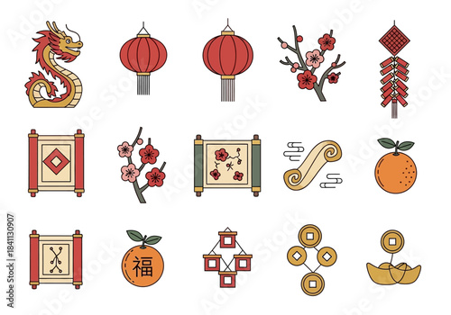 Festive Chinese New Year Symbols and Decorations Vector Set