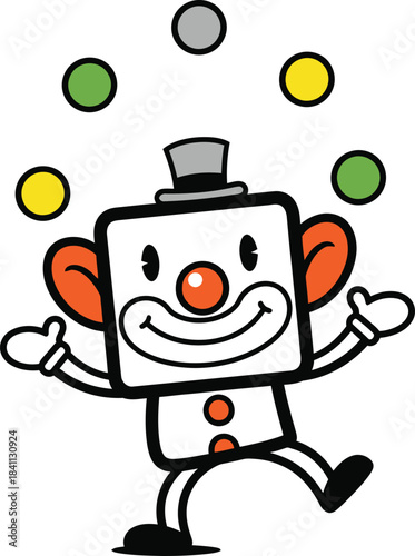 Charming robot clown cheerfully juggling colorful balls in a playful illustration perfect for children s themes and whimsical designs