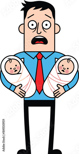 Overwhelmed father holding twin babies looks shocked and stressed with a worried expression on his face