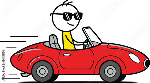 Cartoon panda joyfully driving a bright red convertible with speed lines suggesting a fast and fun road trip