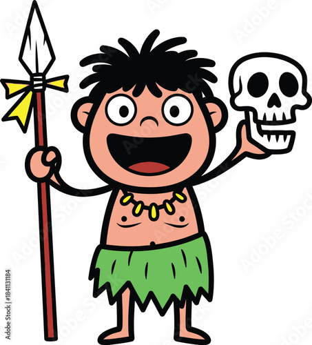 Cartoon illustration of a happy caveman holding a spear and a skull with a playful expression