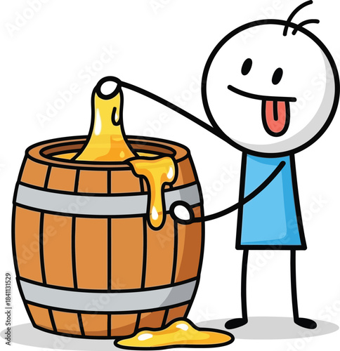 Playful stick figure character happily tasting dripping honey from a wooden barrel in a whimsical illustration