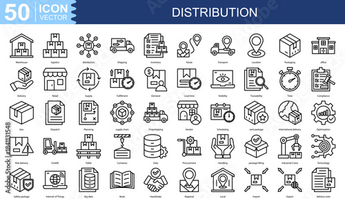 distribution icon collection set. Containing Warehouse, logistics, Shipping, Inventory, Route, Transport icon