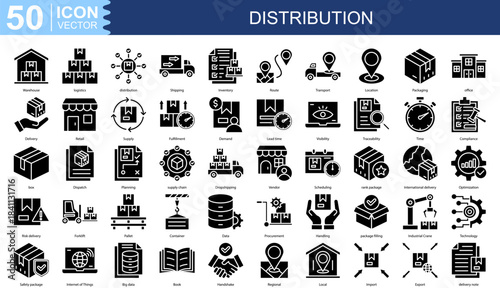 distribution icon collection set. Containing Warehouse, logistics, Shipping, Inventory, Route, Transport icon