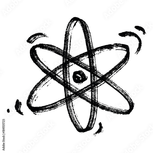 Hand drawn atom sign Molecule clipart in doodle style Single element for print, web, design, decor Symbol of science, education, nuclear energy, scientific research, molecular chemistry