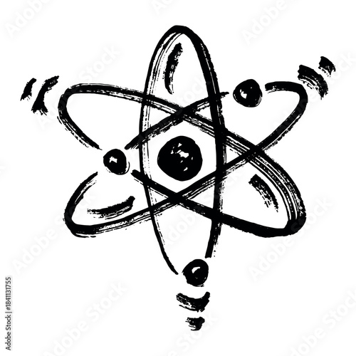 Hand drawn atom sign Molecule clipart in doodle style Single element for print, web, design, decor Symbol of science, education, nuclear energy, scientific research, molecular chemistry