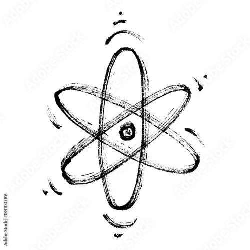 Hand drawn atom sign Molecule clipart in doodle style Single element for print, web, design, decor Symbol of science, education, nuclear energy, scientific research, molecular chemistry