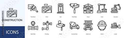Construction icon collection set. Containing Paint Brush, Bricks, Door, Paint Roller, House, Crane, Excavator icon