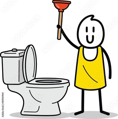 Stick figure plumber cheerfully unclogging a toilet with a red plunger in a simple cartoon illustration