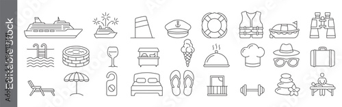 Cruise, resort and vacation line icon set – editable outline symbols of ship, pool, lifebuoy, lounge, bed, hat, suitcase and spa