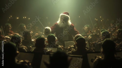 Santa Claus conducting an orchestra of elves playing holiday tunes, instruments glowing, stage lights, 8k, realistic, full ultra HD, high resolution, cinematic photography